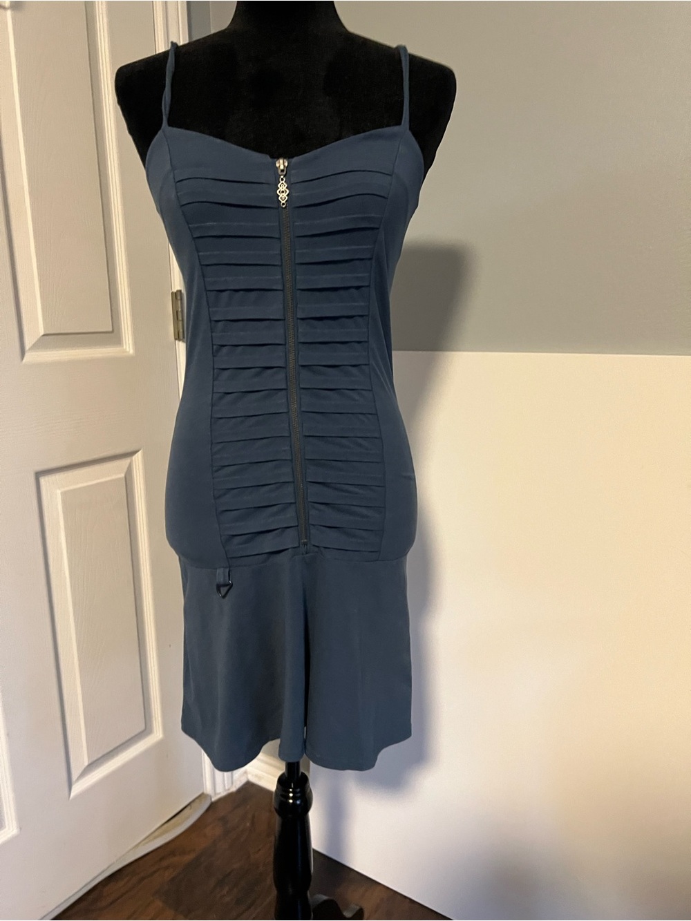 Sleeveless Navy Blue Pleated Front Zip Dress